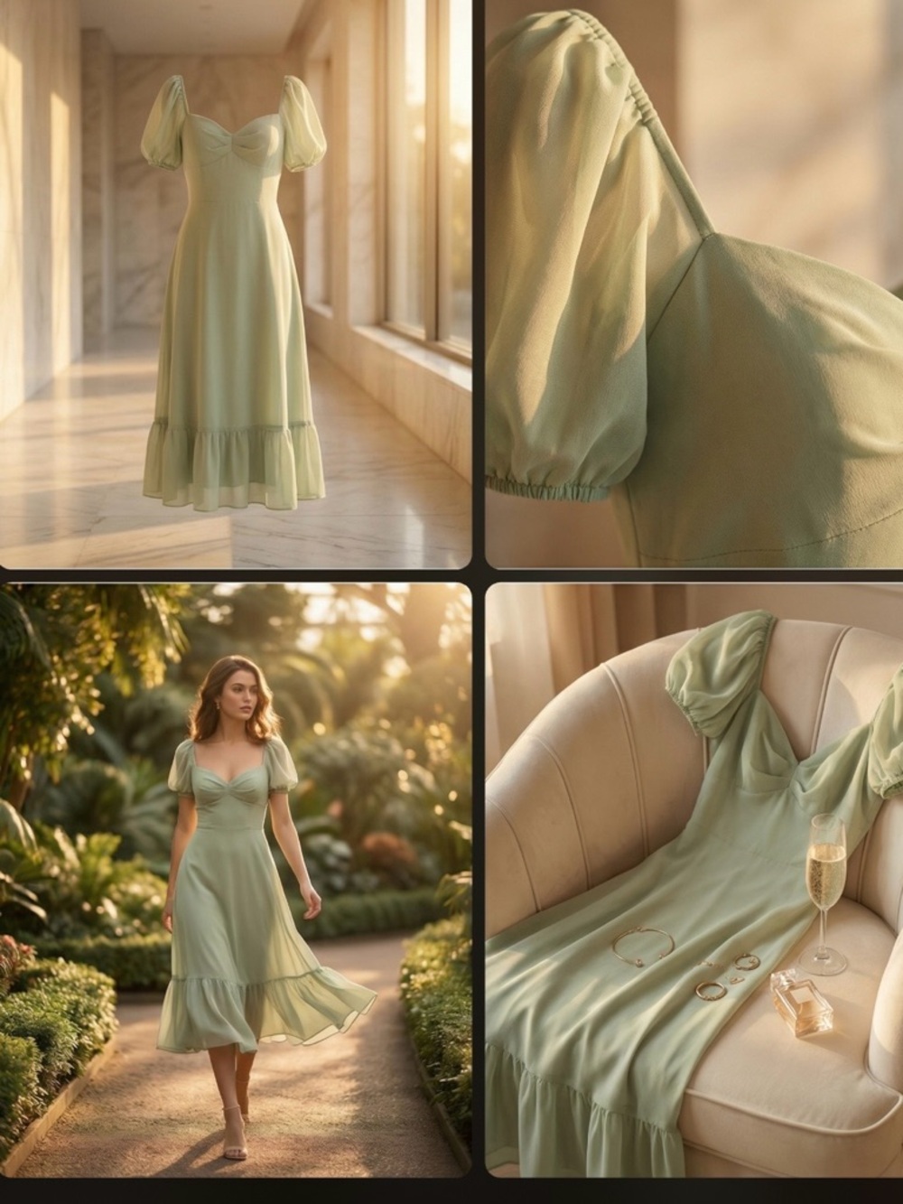 Prom ready  Puff-Sleeve Midi Dress in Sage Green